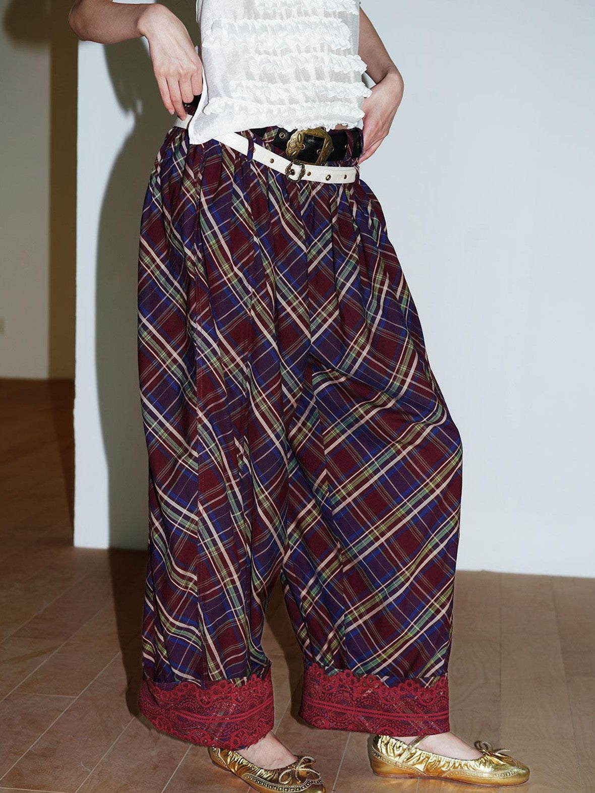 badtaste Plaid Vintage Balloon Cuffed Low Waist Women's Cotton Wide-leg Pants