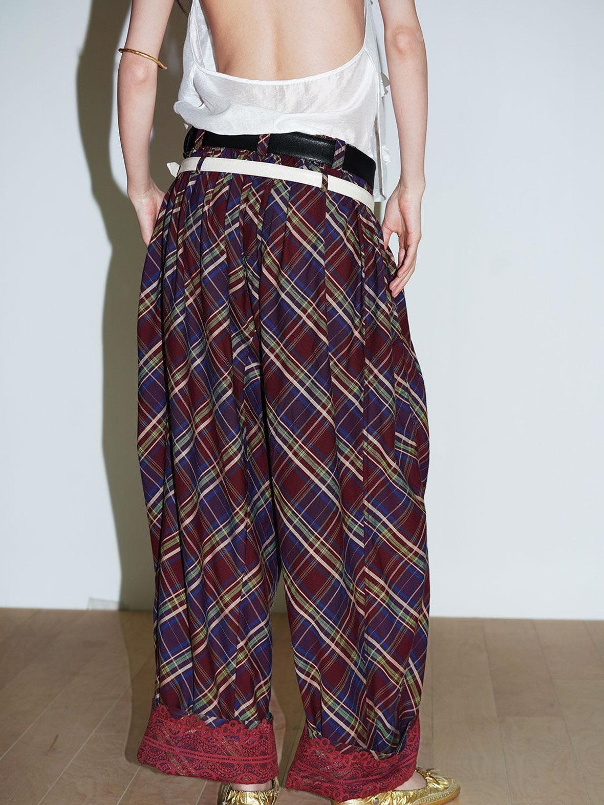 badtaste Plaid Vintage Balloon Cuffed Low Waist Women's Cotton Wide-leg Pants