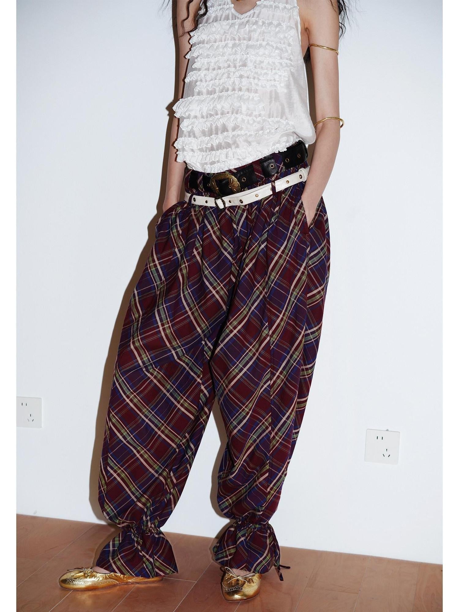 badtaste Plaid Vintage Balloon Cuffed Low Waist Women's Cotton Wide-leg Pants