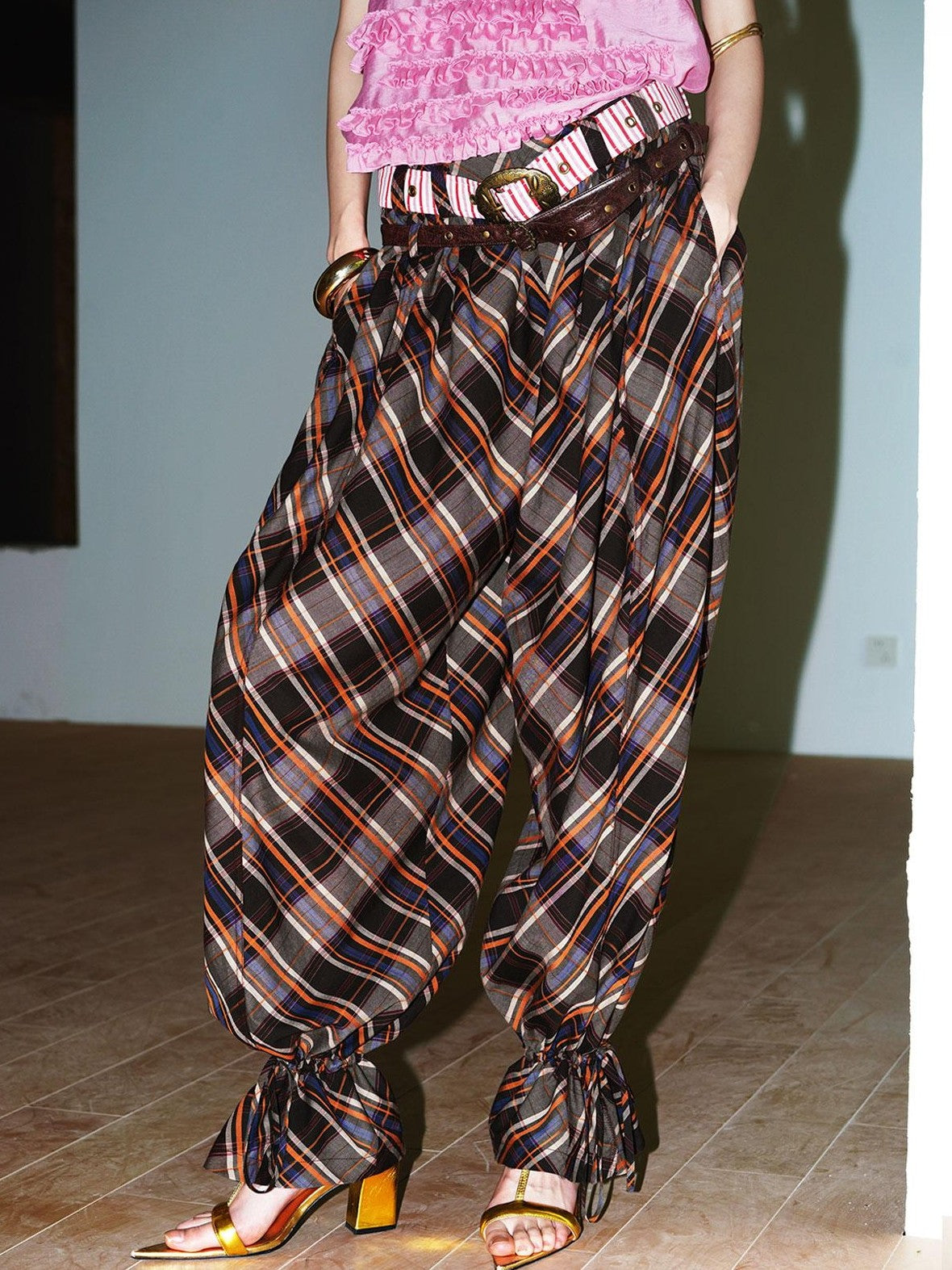 badtaste Plaid Vintage Balloon Cuffed Low Waist Women's Cotton Wide-leg Pants