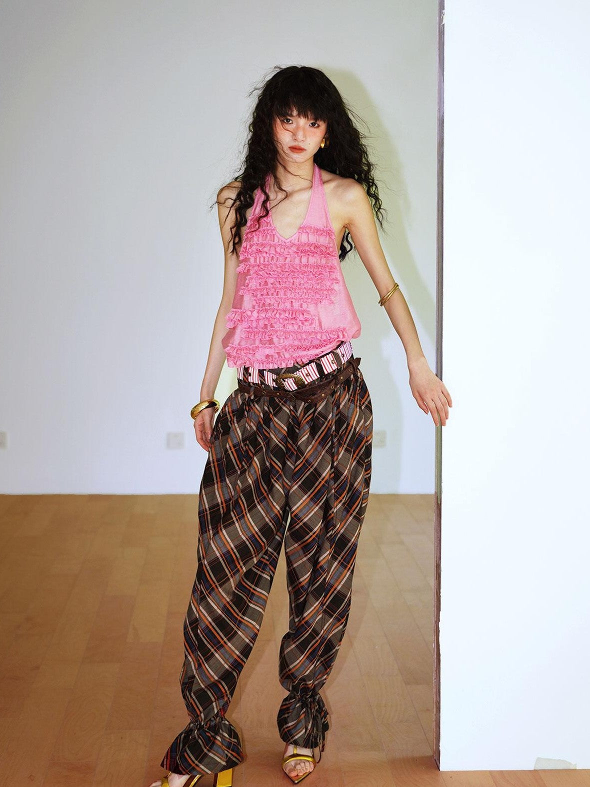 badtaste Plaid Vintage Balloon Cuffed Low Waist Women's Cotton Wide-leg Pants