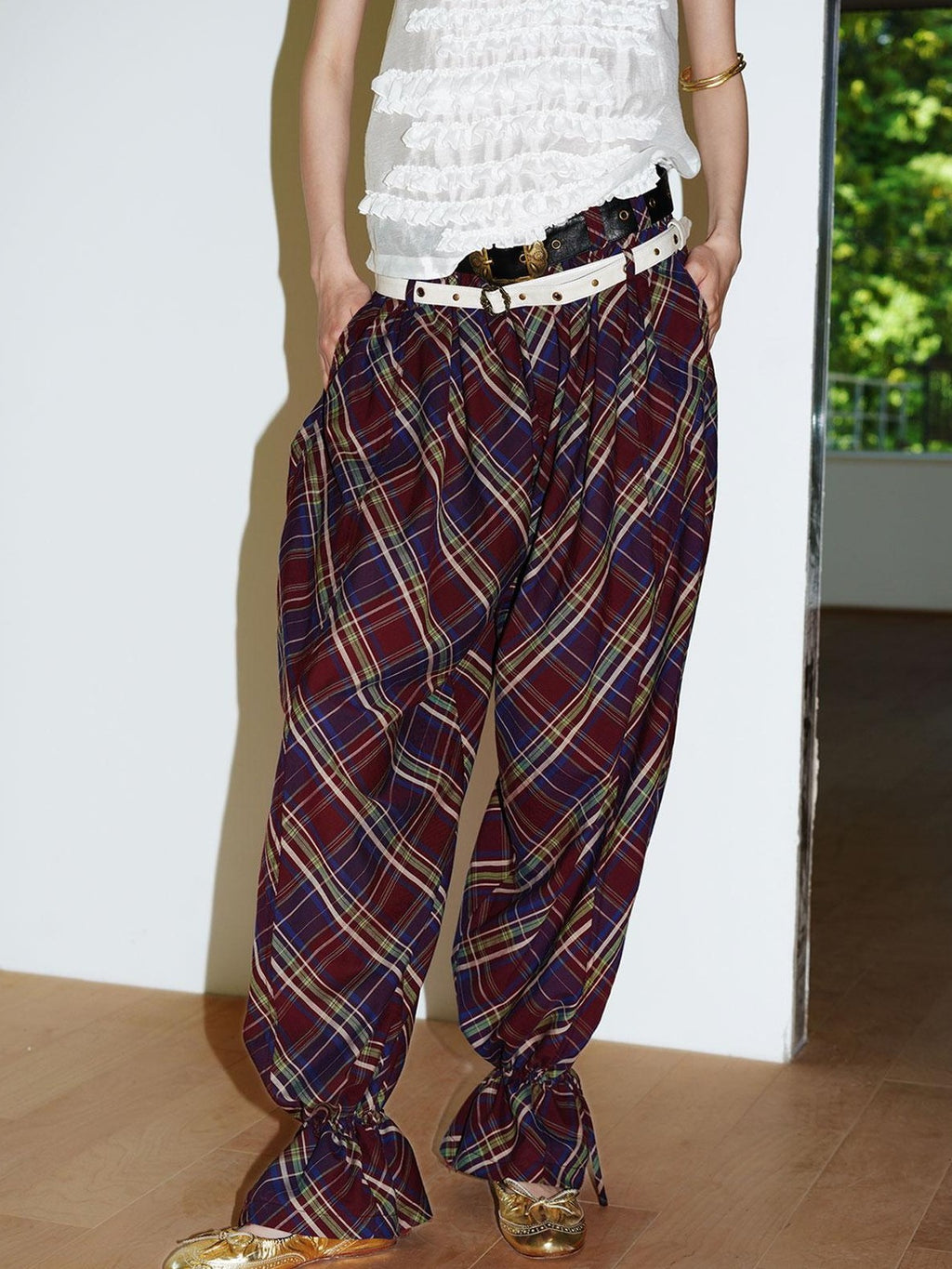 badtaste Plaid Vintage Balloon Cuffed Low Waist Women's Cotton Wide-leg Pants