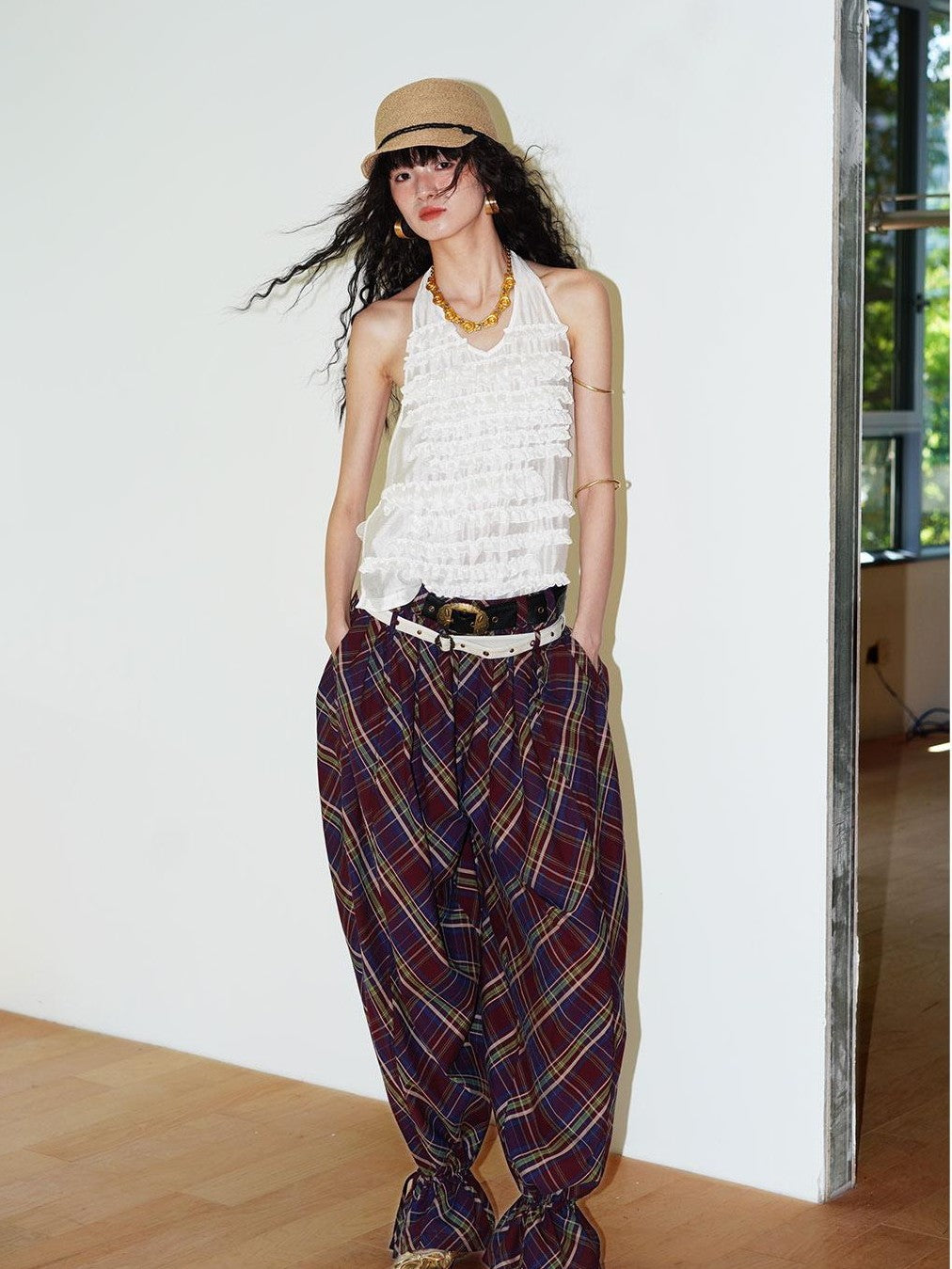 badtaste Plaid Vintage Balloon Cuffed Low Waist Women's Cotton Wide-leg Pants