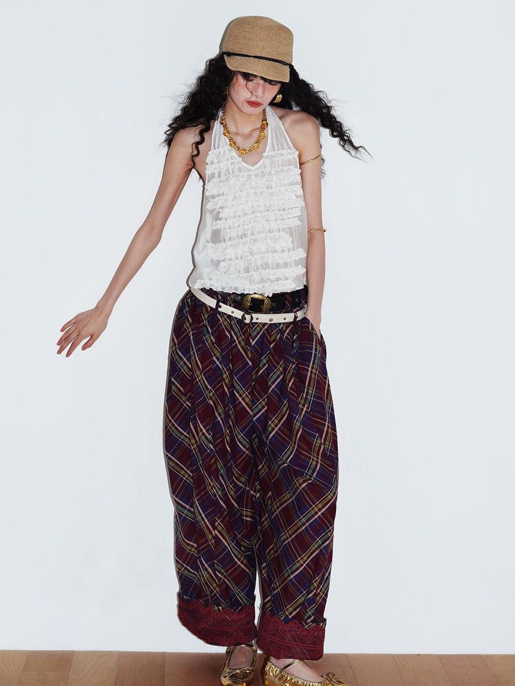 badtaste Plaid Vintage Balloon Cuffed Low Waist Women's Cotton Wide-leg Pants