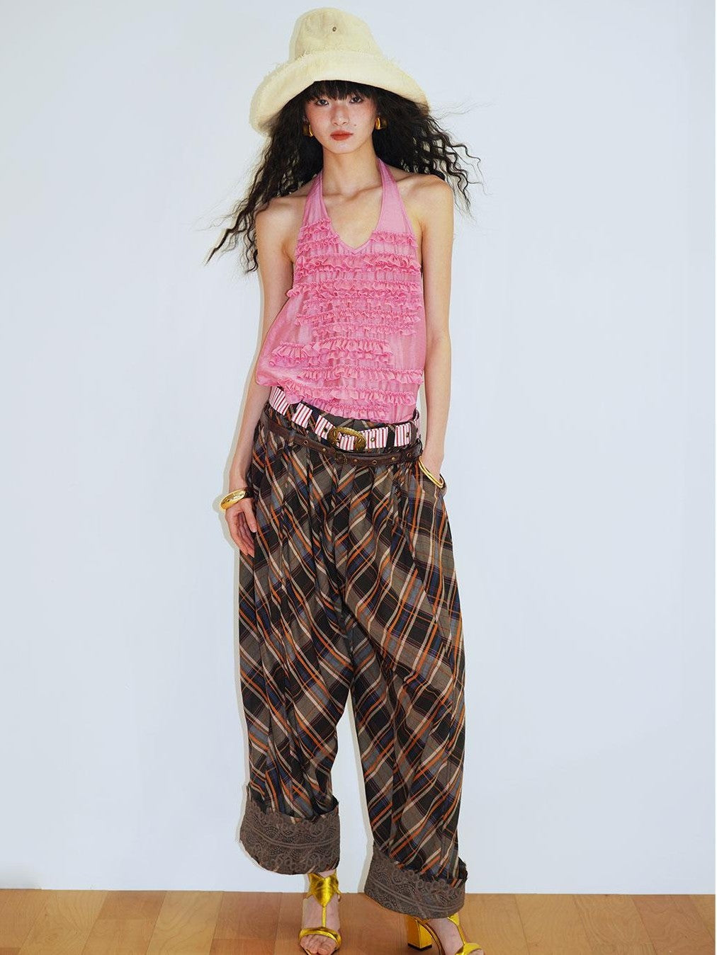 badtaste Plaid Vintage Balloon Cuffed Low Waist Women's Cotton Wide-leg Pants