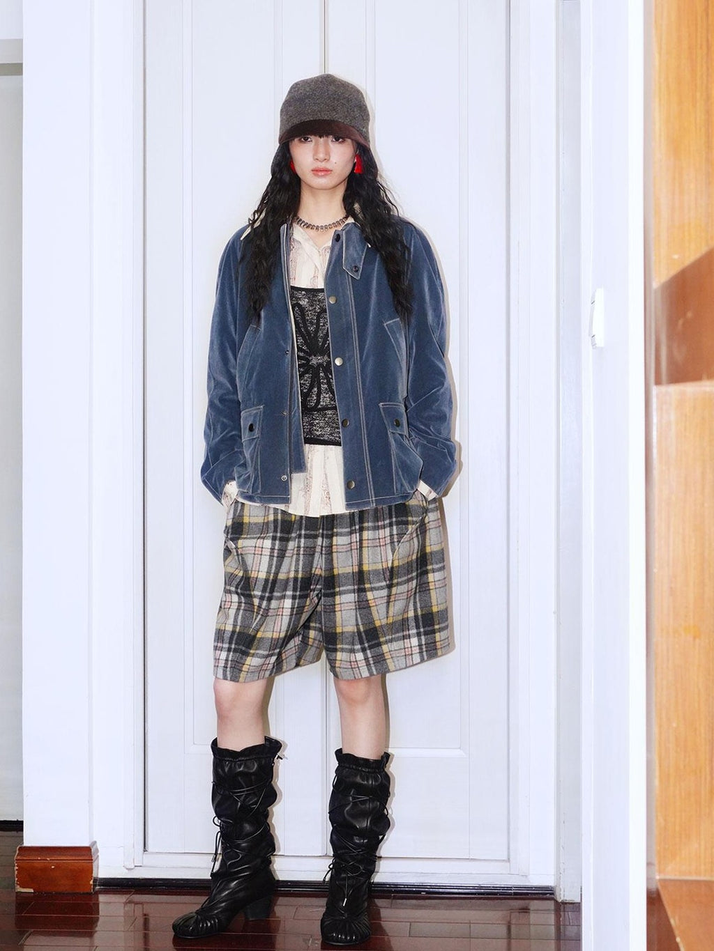 badtaste Plaid Vintage Wide Leg Lantern Women's Wool Blend Culotte Shorts