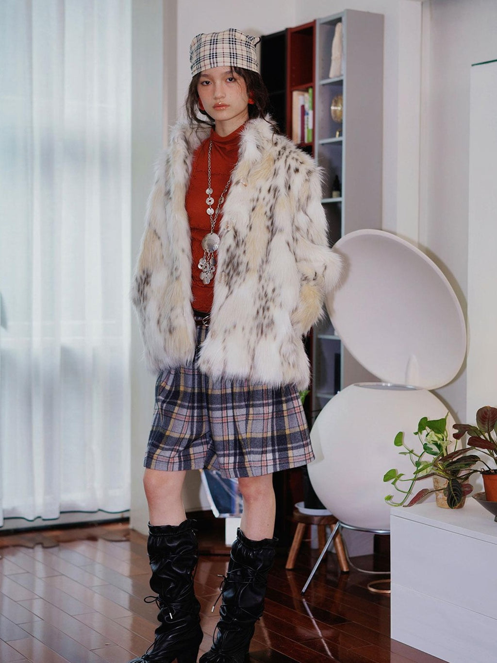 badtaste Plaid Vintage Wide Leg Lantern Women's Wool Blend Culotte Shorts