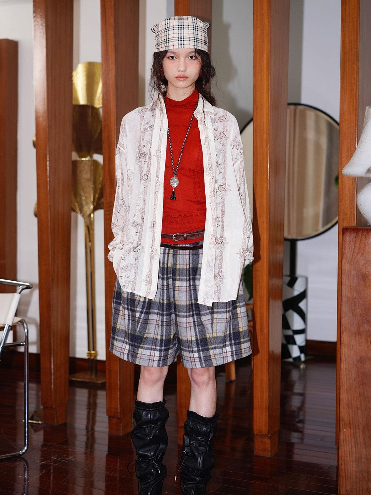 badtaste Plaid Vintage Wide Leg Lantern Women's Wool Blend Culotte Shorts