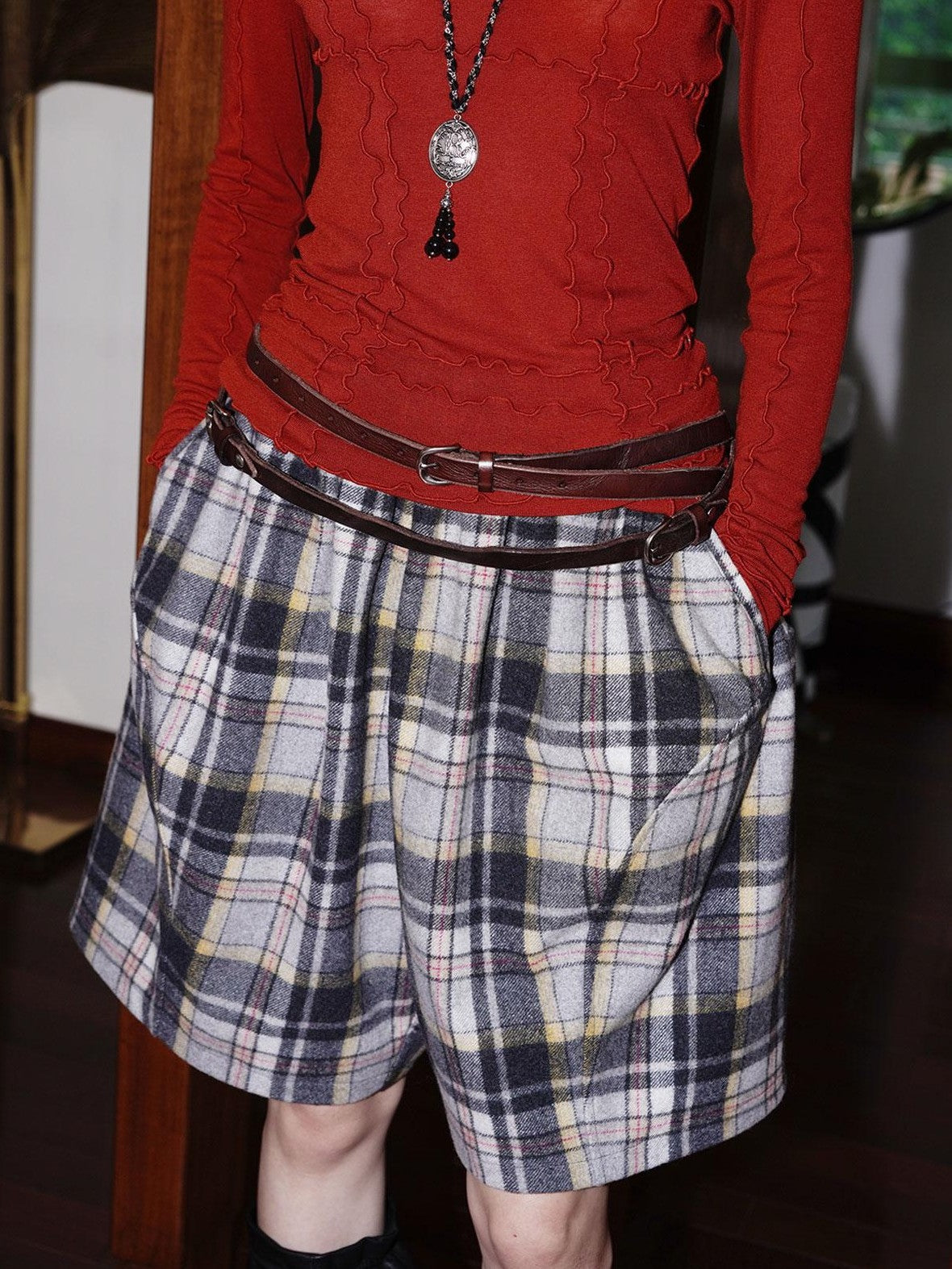 badtaste Plaid Vintage Wide Leg Lantern Women's Wool Blend Culotte Shorts