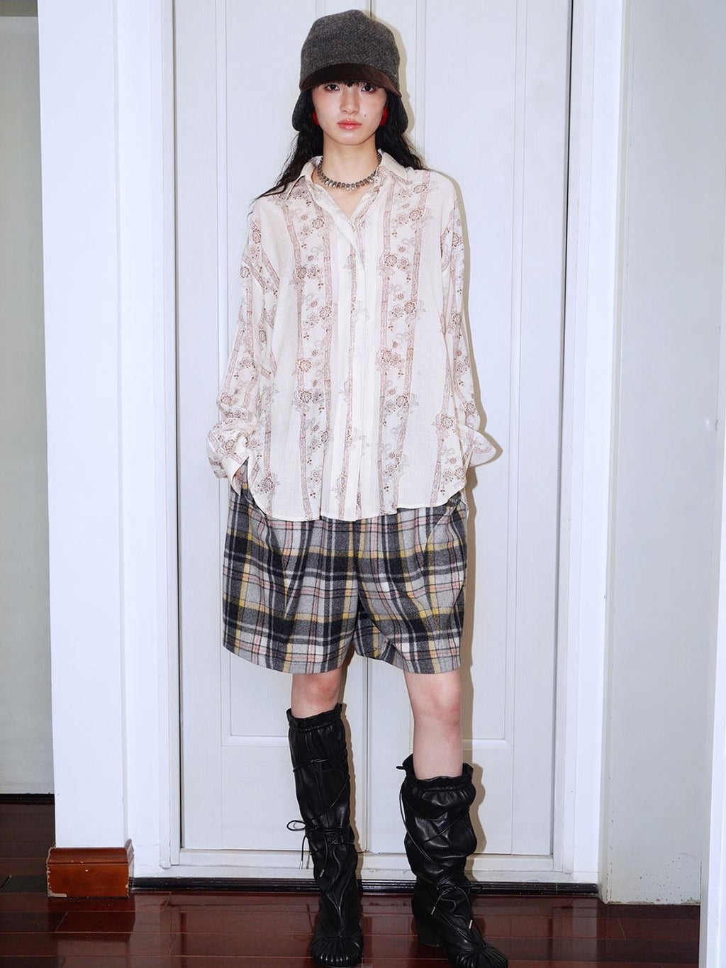 badtaste Plaid Vintage Wide Leg Lantern Women's Wool Blend Culotte Shorts