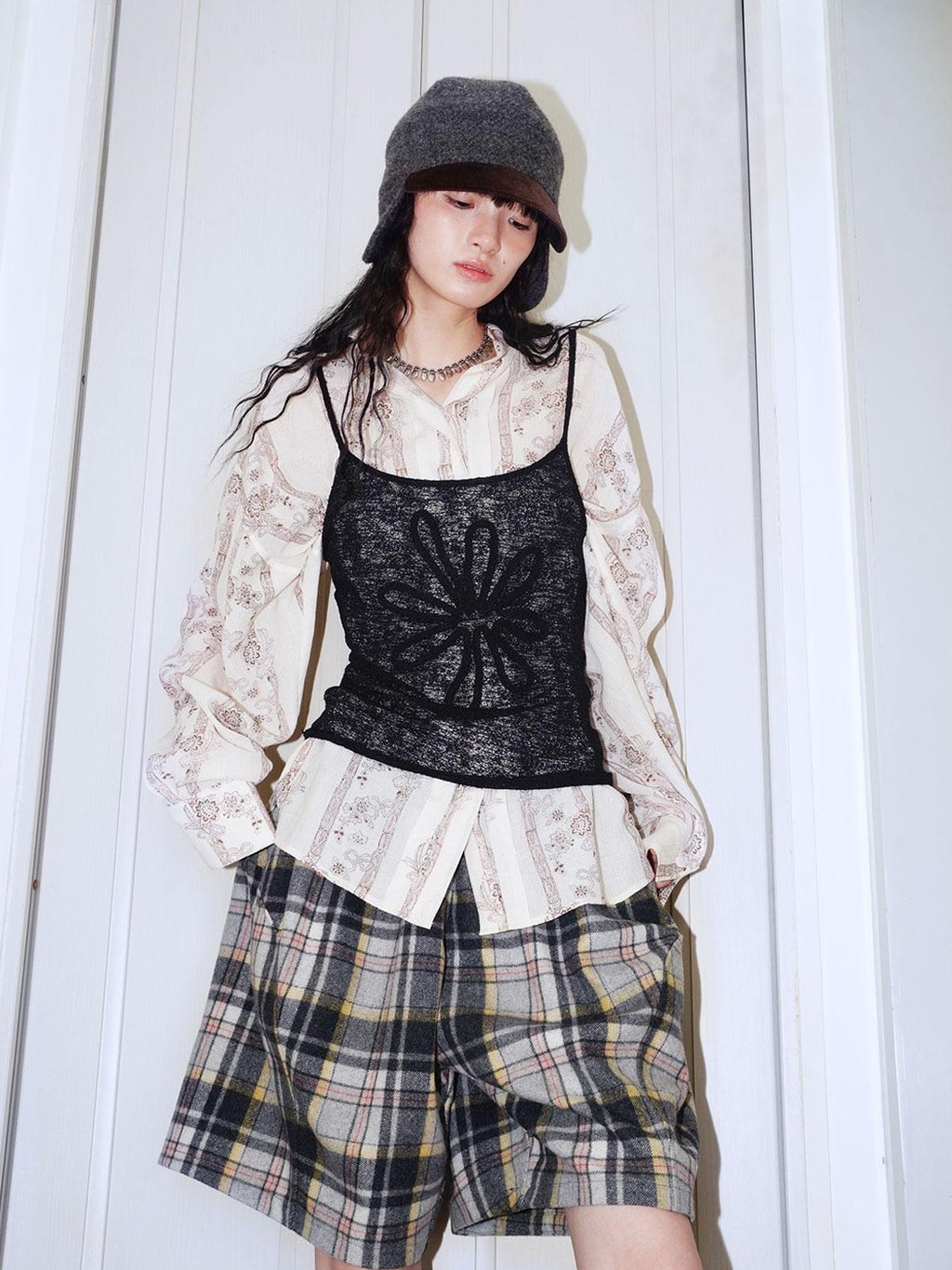 badtaste Plaid Vintage Wide Leg Lantern Women's Wool Blend Culotte Shorts