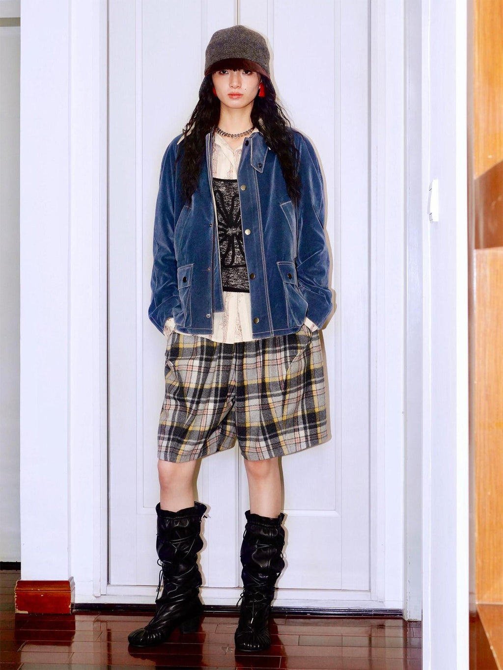 badtaste Plaid Vintage Wide Leg Lantern Women's Wool Blend Culotte Shorts