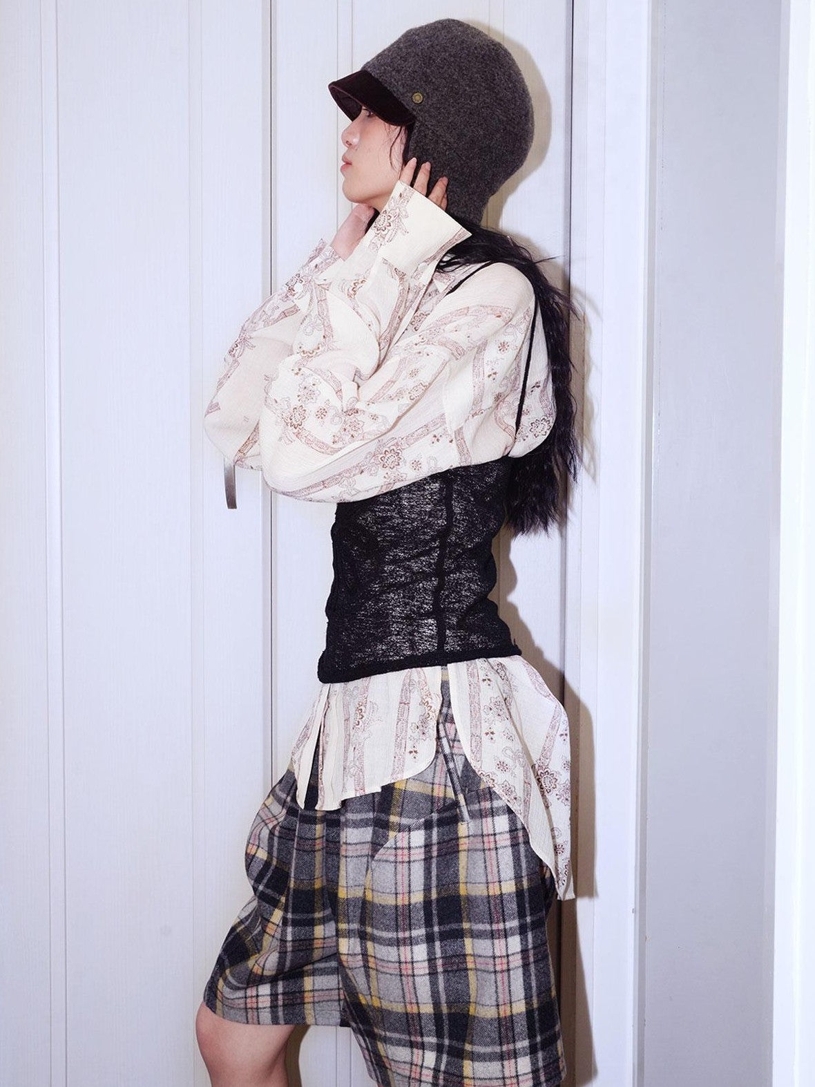badtaste Plaid Vintage Wide Leg Lantern Women's Wool Blend Culotte Shorts