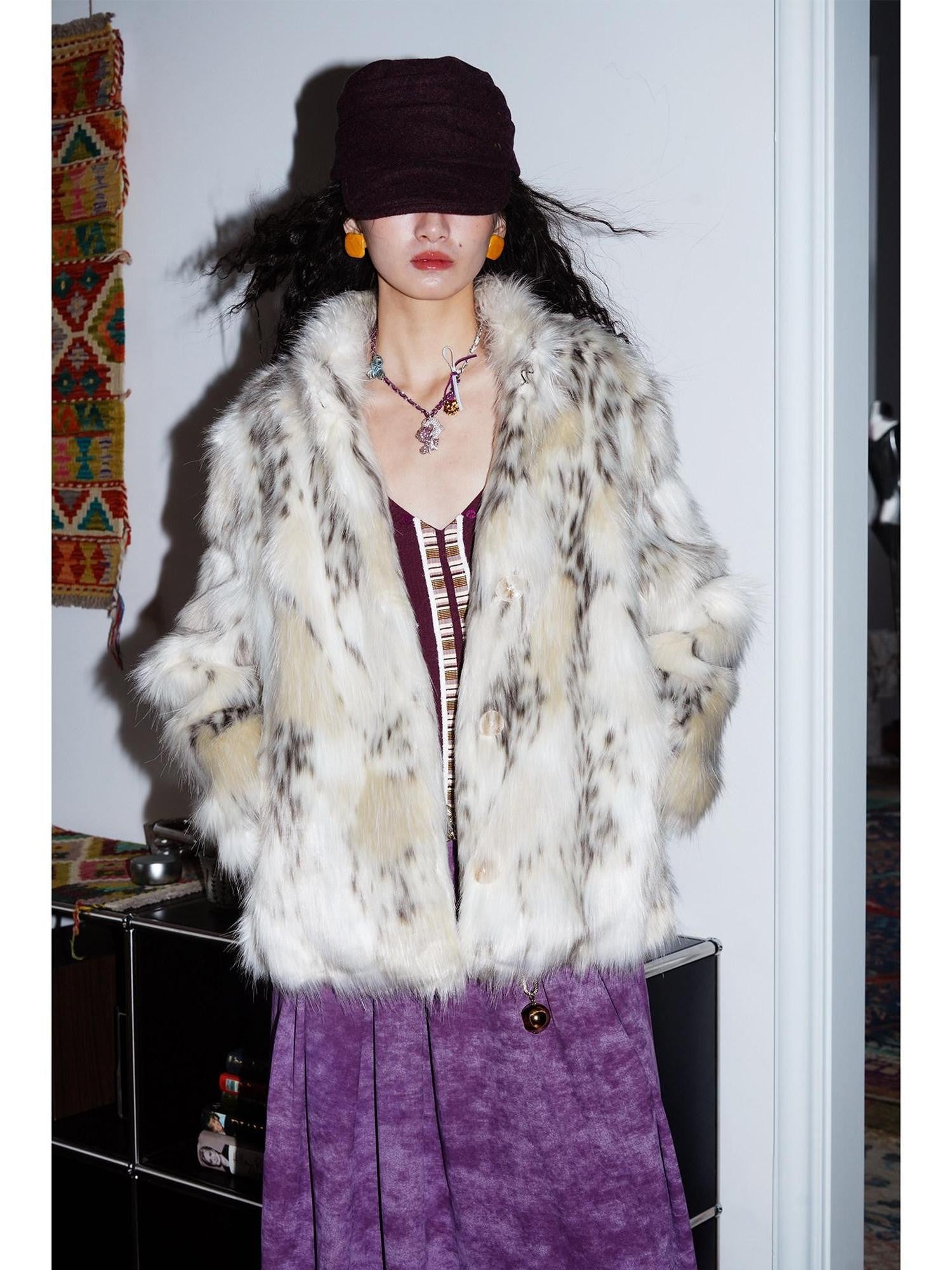 badtaste Plush Faux Bobcat Vintage Short Stand Collar Loose Women's Faux Fur Coats