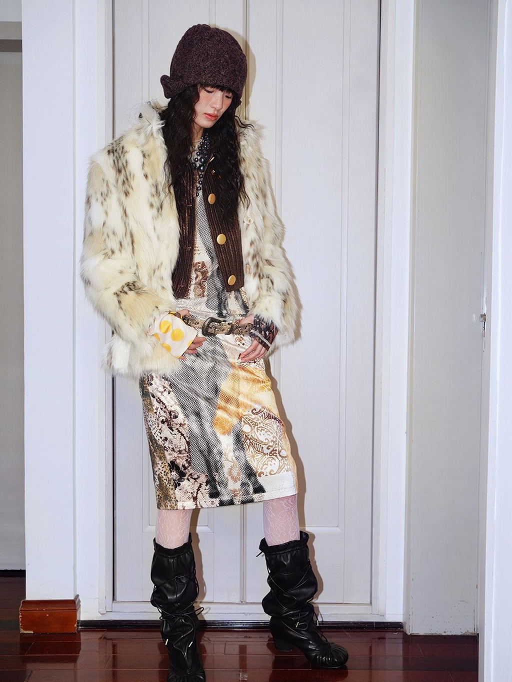 badtaste Plush Faux Bobcat Vintage Short Stand Collar Loose Women's Faux Fur Coats