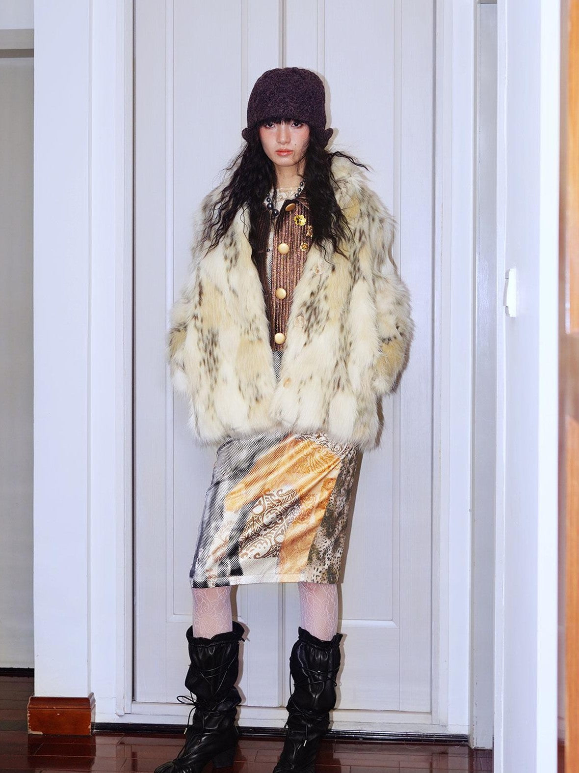 badtaste Plush Faux Bobcat Vintage Short Stand Collar Loose Women's Faux Fur Coats