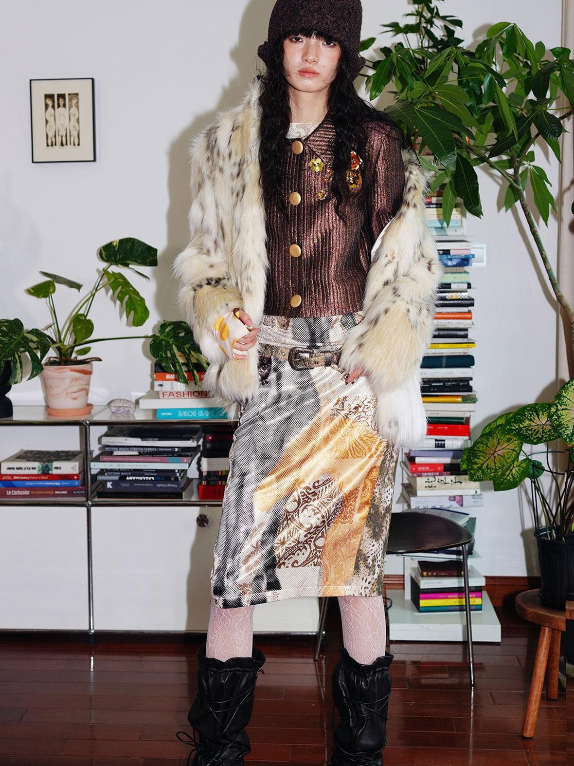badtaste Plush Faux Bobcat Vintage Short Stand Collar Loose Women's Faux Fur Coats