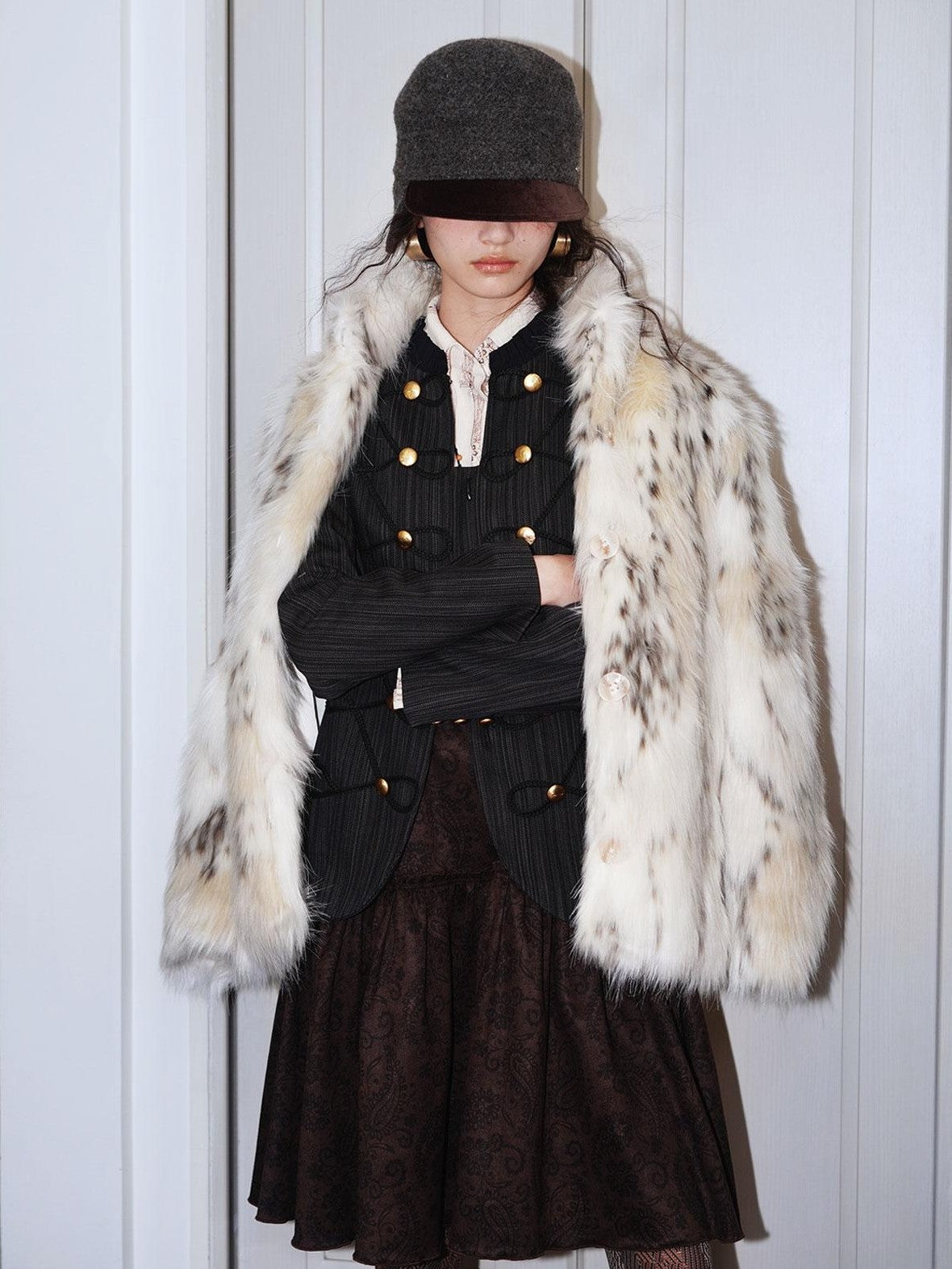 badtaste Plush Faux Bobcat Vintage Short Stand Collar Loose Women's Faux Fur Coats