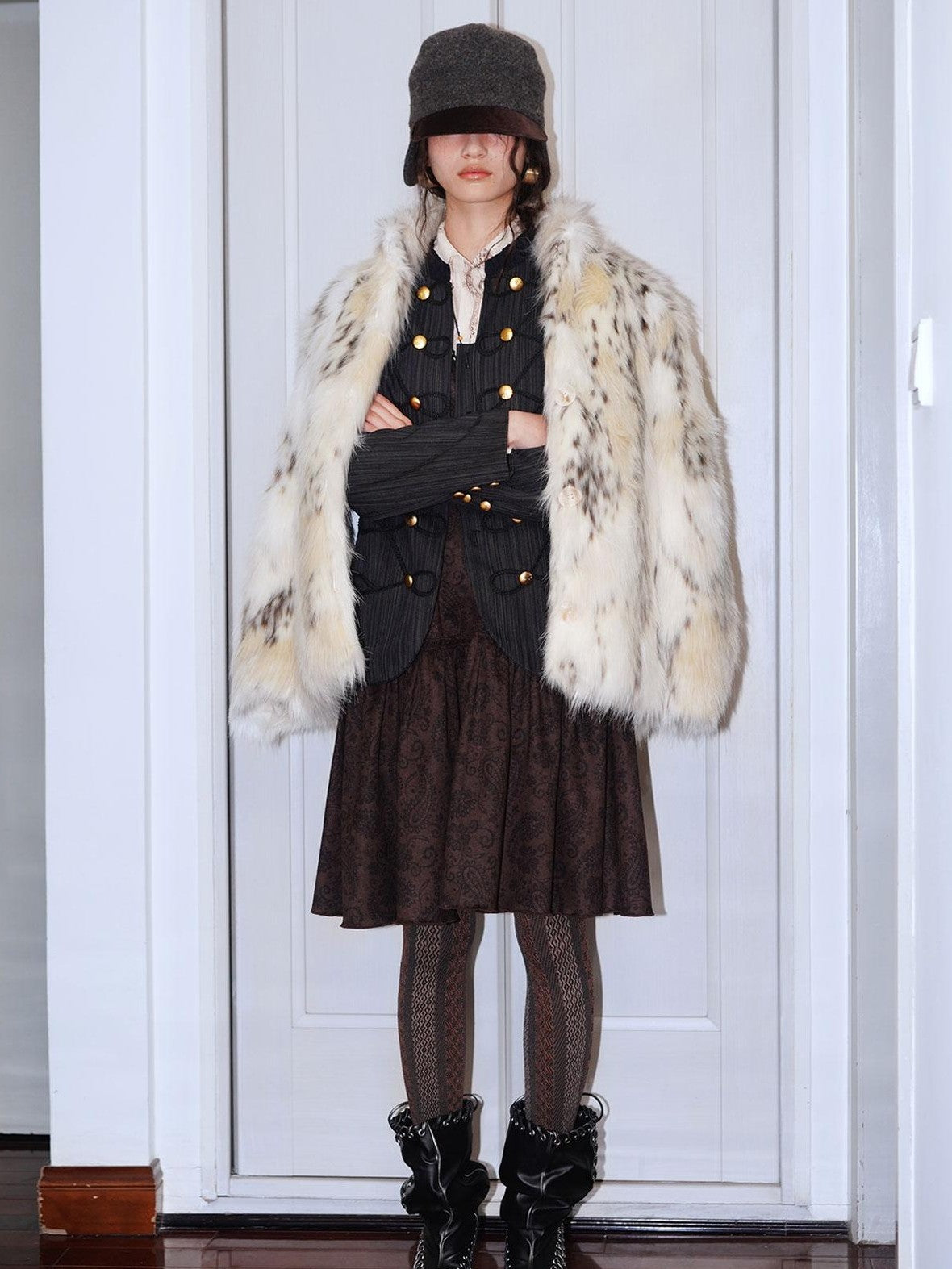 badtaste Plush Faux Bobcat Vintage Short Stand Collar Loose Women's Faux Fur Coats