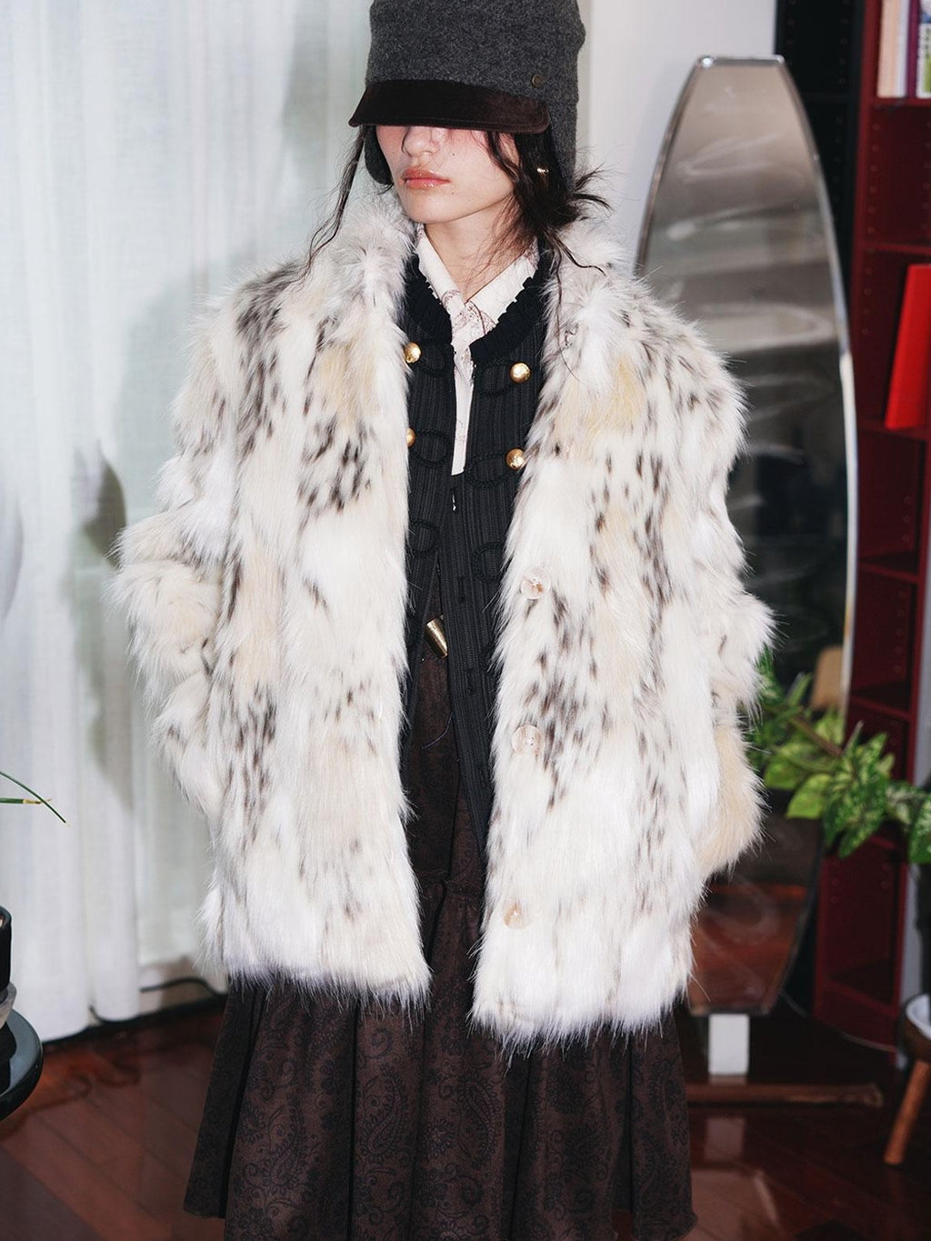 badtaste Plush Faux Bobcat Vintage Short Stand Collar Loose Women's Faux Fur Coats