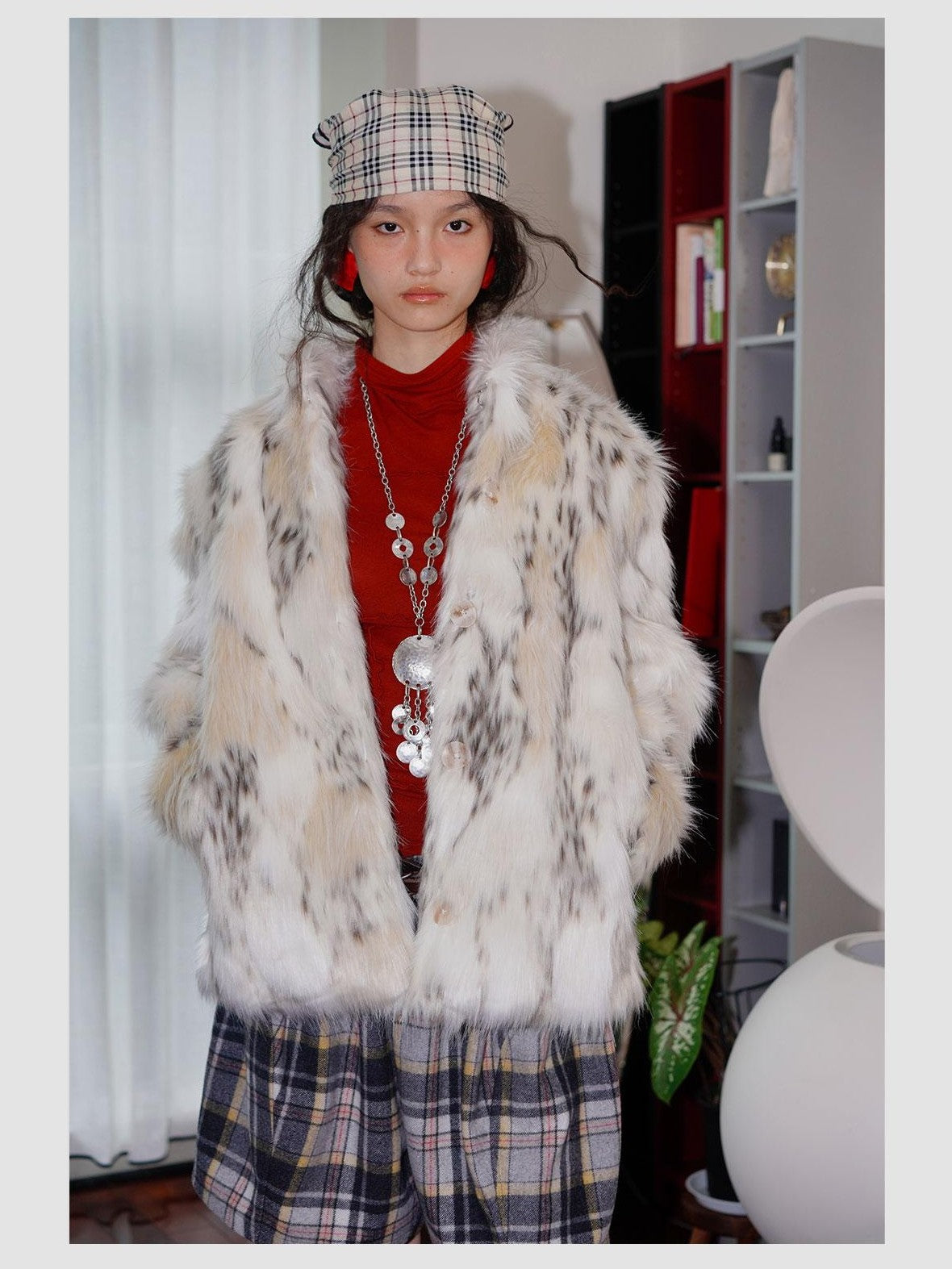 badtaste Plush Faux Bobcat Vintage Short Stand Collar Loose Women's Faux Fur Coats