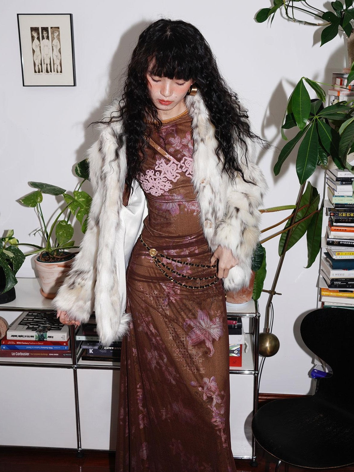 badtaste Plush Faux Bobcat Vintage Short Stand Collar Loose Women's Faux Fur Coats