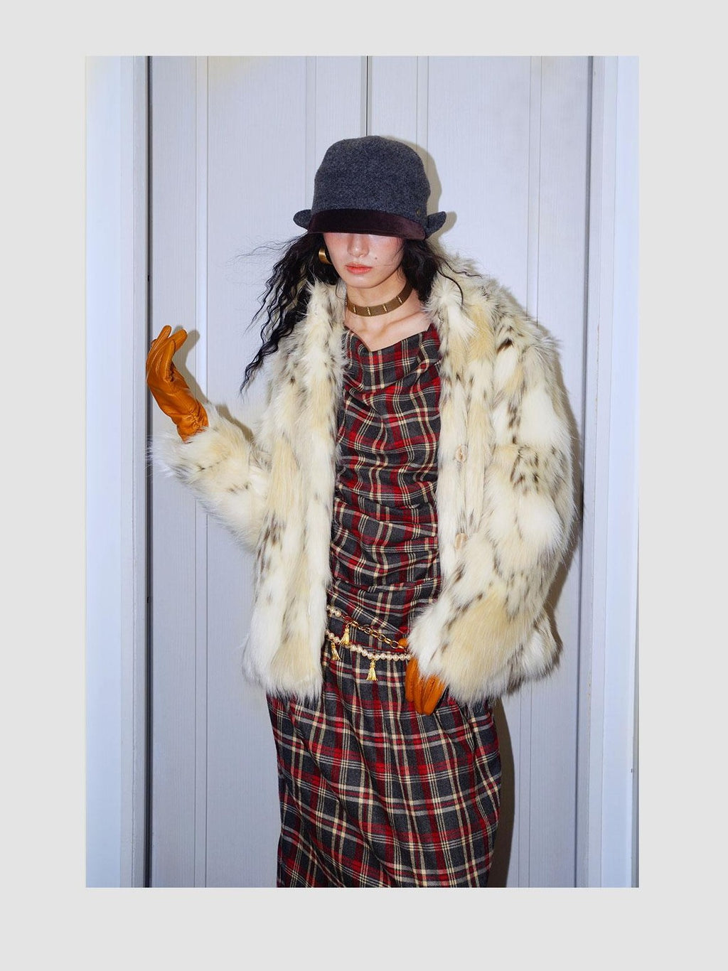 badtaste Plush Faux Bobcat Vintage Short Stand Collar Loose Women's Faux Fur Coats