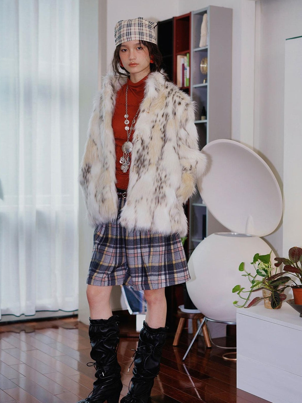 badtaste Plush Faux Bobcat Vintage Short Stand Collar Loose Women's Faux Fur Coats