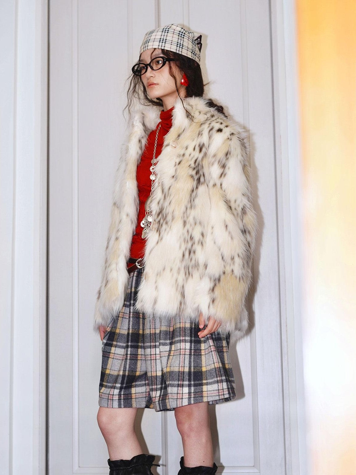 badtaste Plush Faux Bobcat Vintage Short Stand Collar Loose Women's Faux Fur Coats