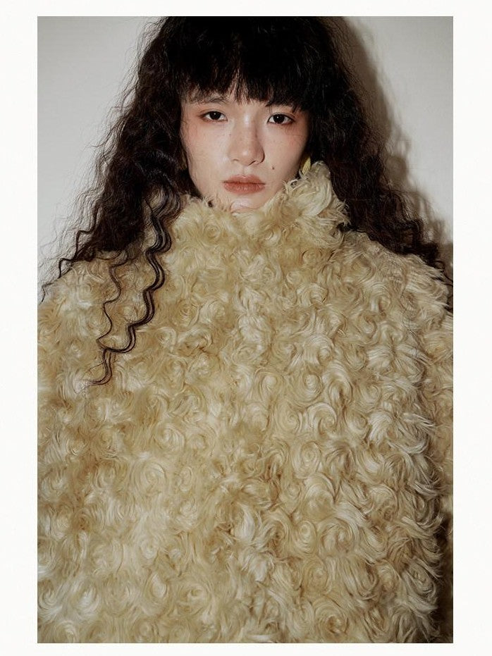 badtaste Plush Rose Rosette Vintage Mid Length Women's Eco Faux Fur Coats