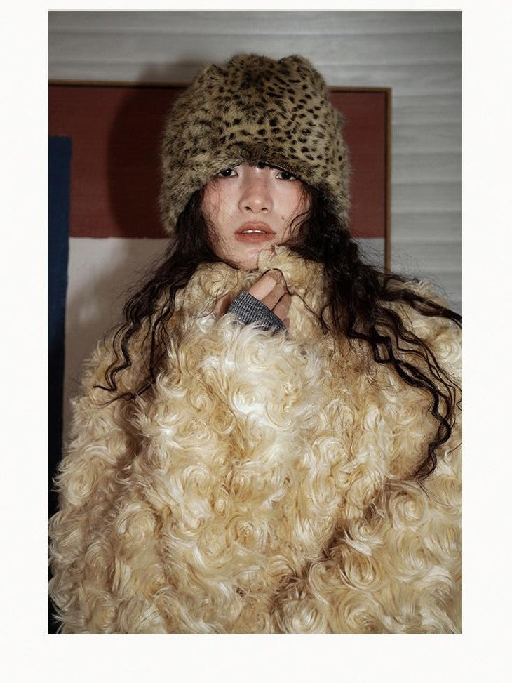 badtaste Plush Rose Rosette Vintage Mid Length Women's Eco Faux Fur Coats