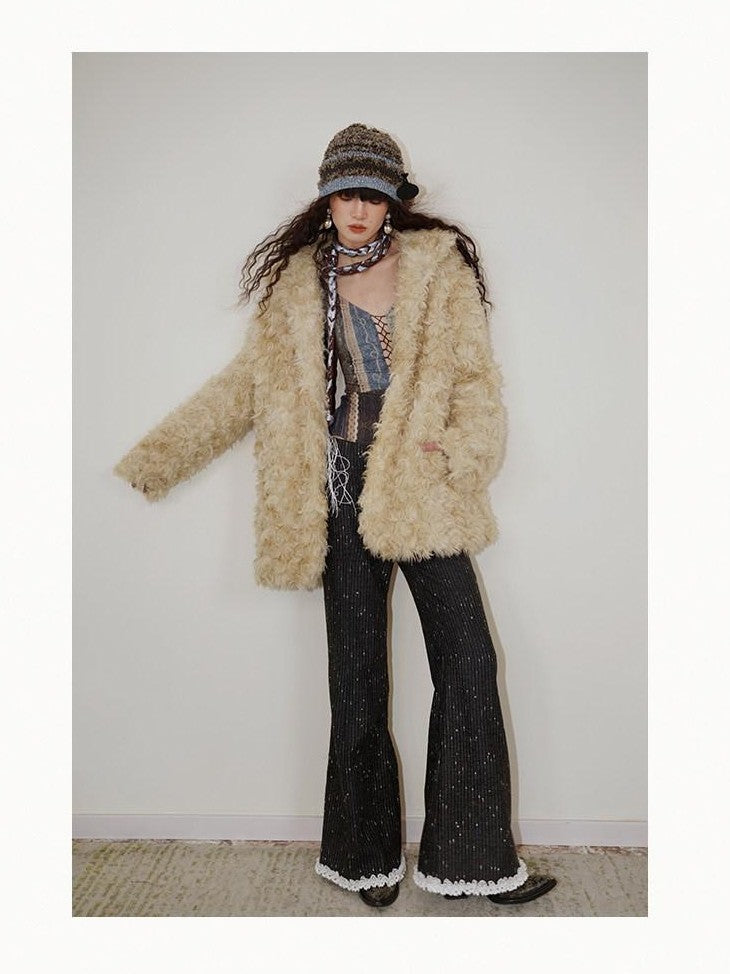 badtaste Plush Rose Rosette Vintage Mid Length Women's Eco Faux Fur Coats