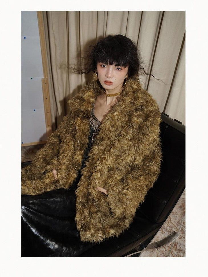 badtaste Plush Rose Rosette Vintage Mid Length Women's Eco Faux Fur Coats
