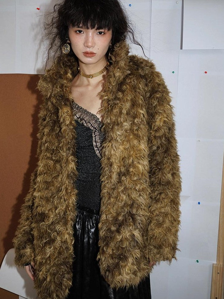 badtaste Plush Rose Rosette Vintage Mid Length Women's Eco Faux Fur Coats