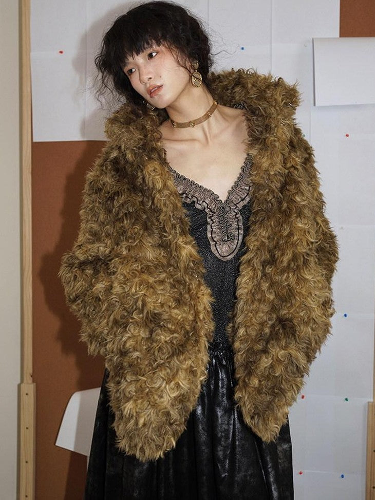 badtaste Plush Rose Rosette Vintage Mid Length Women's Eco Faux Fur Coats