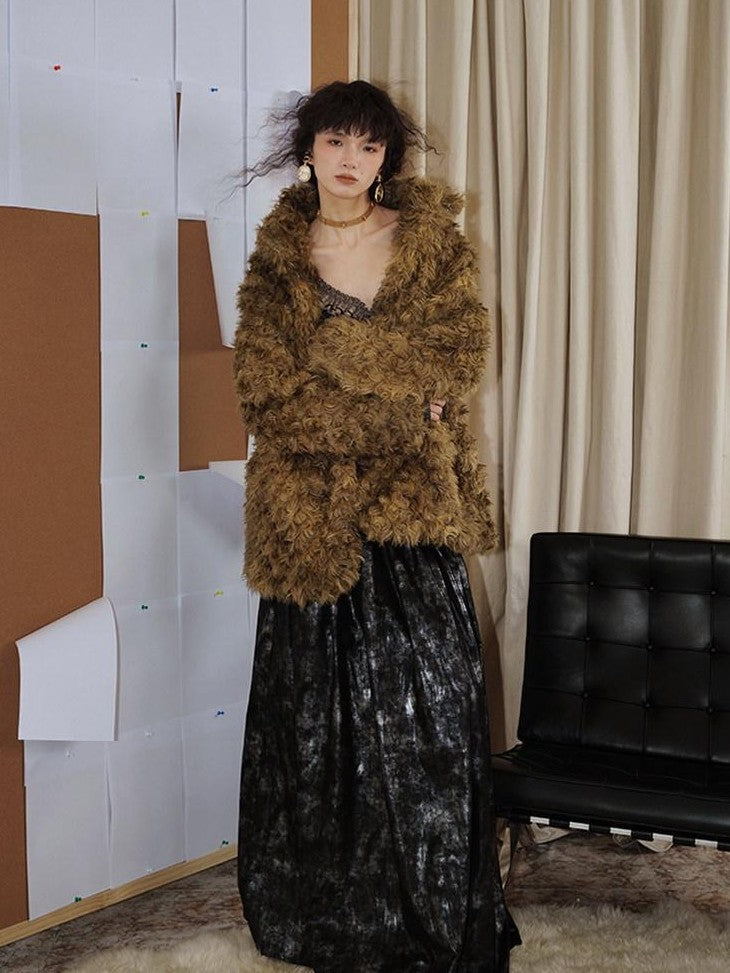 badtaste Plush Rose Rosette Vintage Mid Length Women's Eco Faux Fur Coats