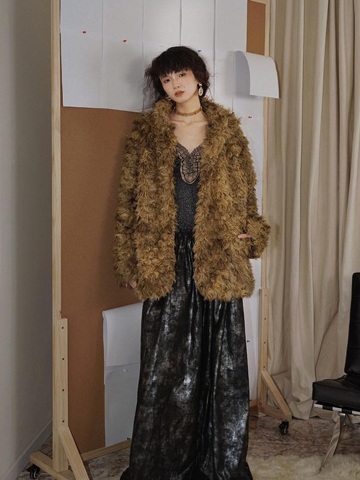 badtaste Plush Rose Rosette Vintage Mid Length Women's Eco Faux Fur Coats