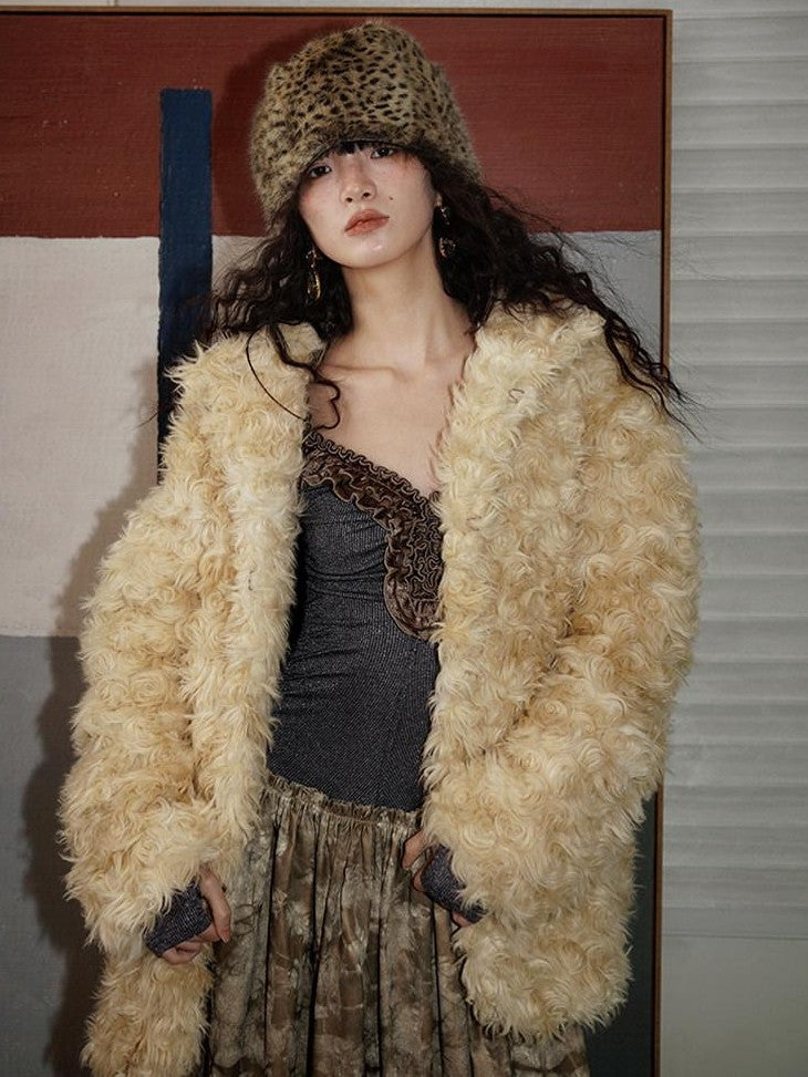 badtaste Plush Rose Rosette Vintage Mid Length Women's Eco Faux Fur Coats