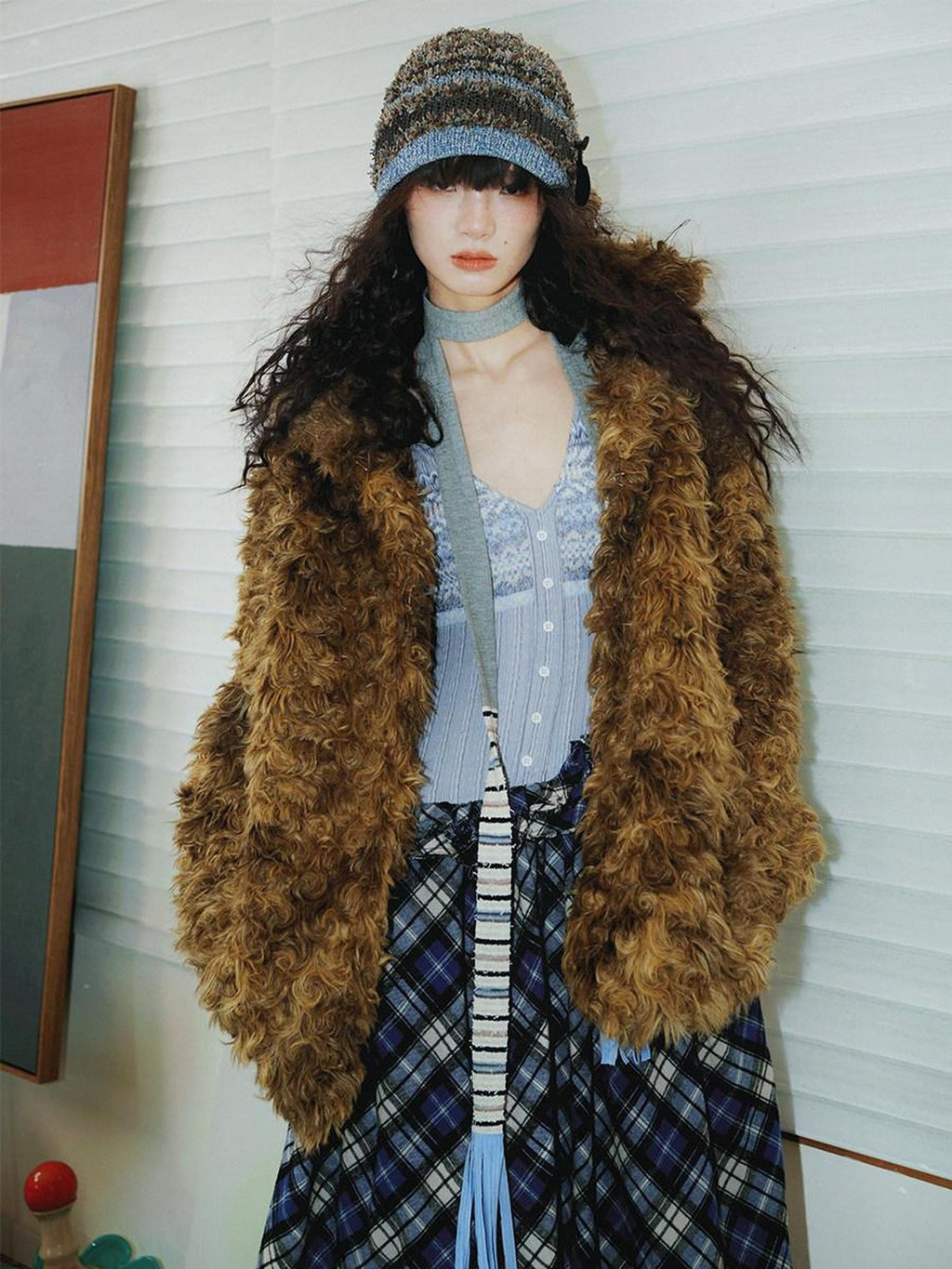 badtaste Plush Rose Rosette Vintage Mid Length Women's Eco Faux Fur Coats