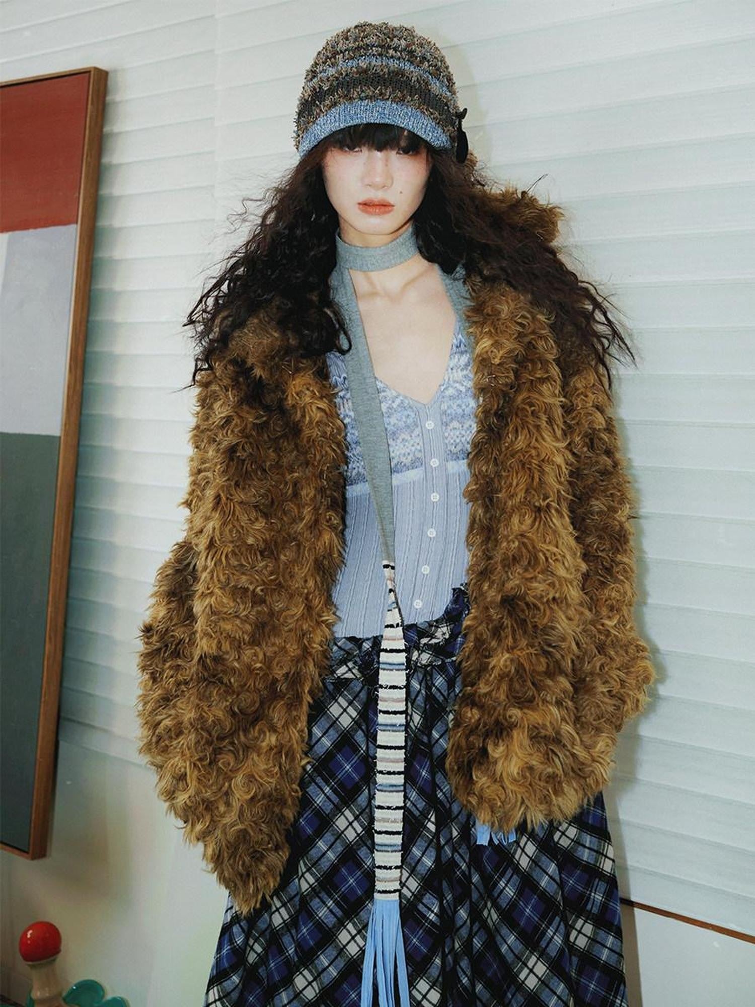 badtaste Plush Rose Rosette Vintage Mid Length Women's Eco Faux Fur Coats