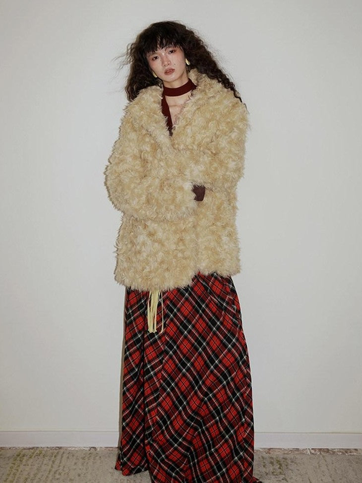 badtaste Plush Rose Rosette Vintage Mid Length Women's Eco Faux Fur Coats