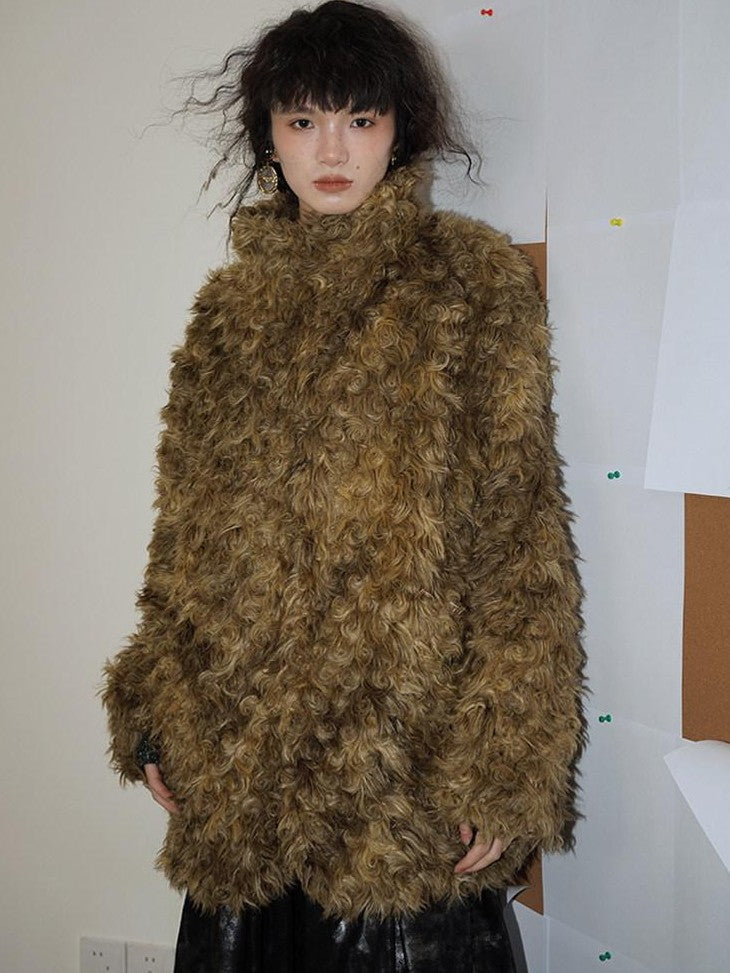 badtaste Plush Rose Rosette Vintage Mid Length Women's Eco Faux Fur Coats