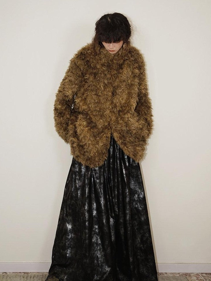 badtaste Plush Rose Rosette Vintage Mid Length Women's Eco Faux Fur Coats