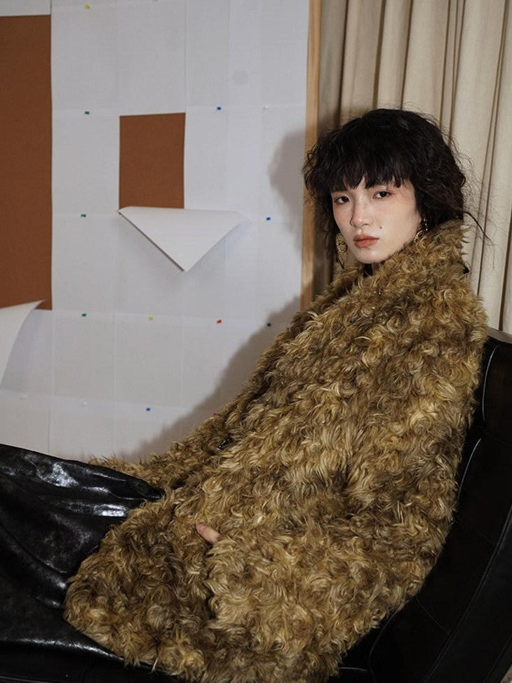 badtaste Plush Rose Rosette Vintage Mid Length Women's Eco Faux Fur Coats