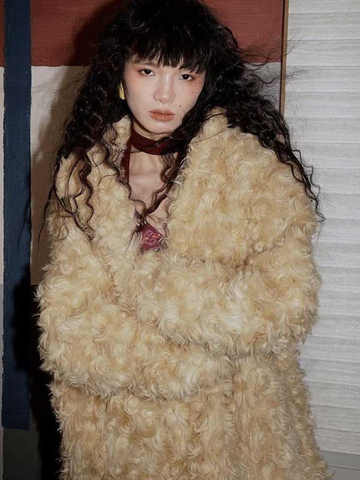 badtaste Plush Rose Rosette Vintage Mid Length Women's Eco Faux Fur Coats