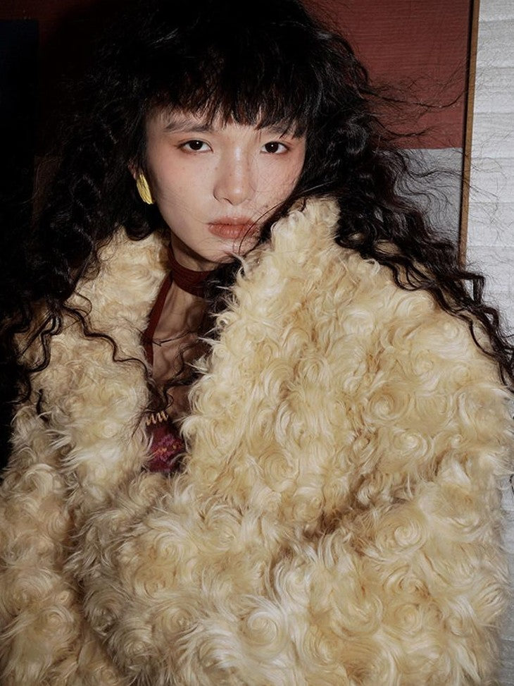 badtaste Plush Rose Rosette Vintage Mid Length Women's Eco Faux Fur Coats