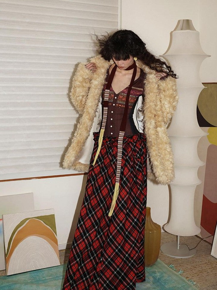 badtaste Plush Rose Rosette Vintage Mid Length Women's Eco Faux Fur Coats