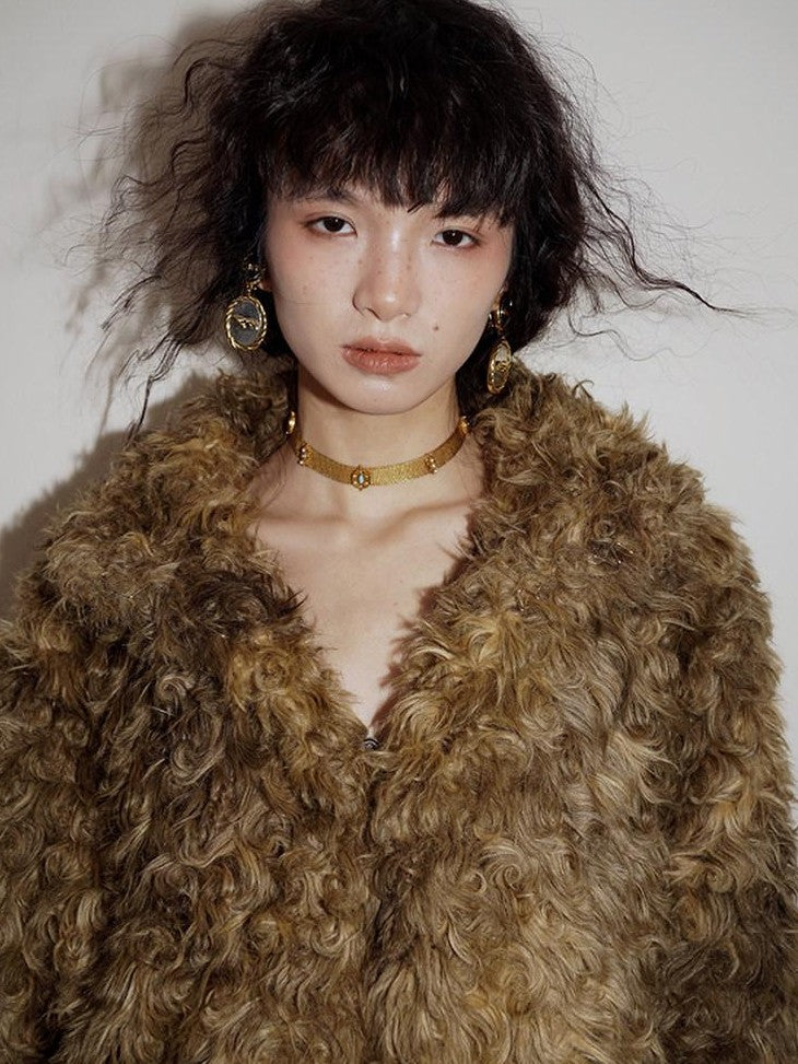 badtaste Plush Rose Rosette Vintage Mid Length Women's Eco Faux Fur Coats