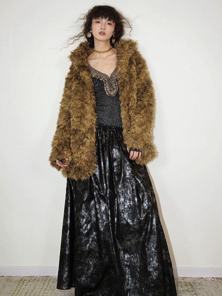 badtaste Plush Rose Rosette Vintage Mid Length Women's Eco Faux Fur Coats