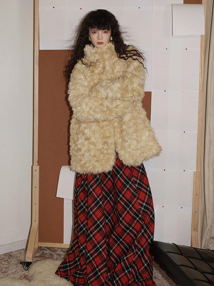 badtaste Plush Rose Rosette Vintage Mid Length Women's Eco Faux Fur Coats